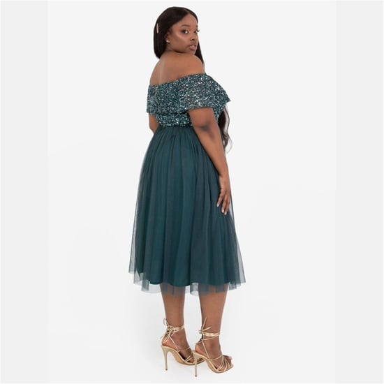 Women's Maya Deluxe De Bardot Off The Shoulder Short Sleeve Midi Babydoll Dress in Emerald - Image 3