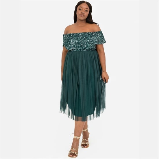 Women's Maya Deluxe De Bardot Off The Shoulder Short Sleeve Midi Babydoll Dress in Emerald - Image 4