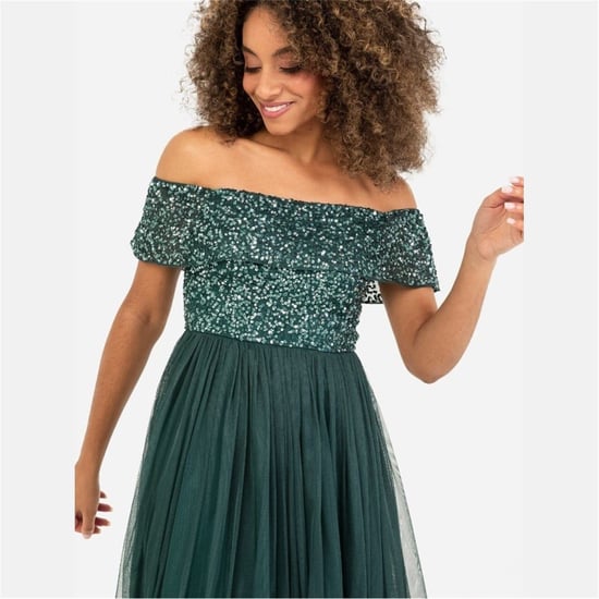 Women's Maya Deluxe De Bardot Off The Shoulder Short Sleeve Midi Babydoll Dress in Emerald - Image 5