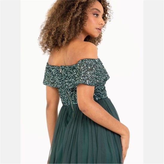 Women's Maya Deluxe De Bardot Off The Shoulder Short Sleeve Midi Babydoll Dress in Emerald - Image 6