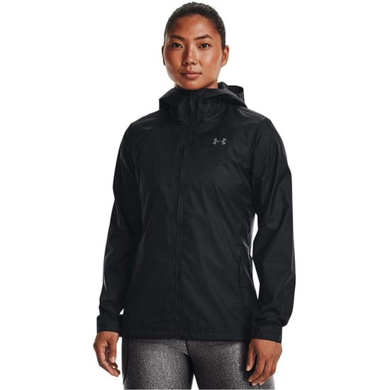 Women's Under Armour Solid Patterned Hooded Zipped Pocket Rain Jacket in Black - Image 3