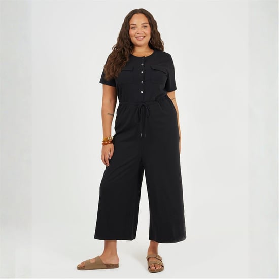 Women's Brave Soul Crew Neck Short Sleeve Solid Patterned Culotte Jumpsuit in Black - Image 4