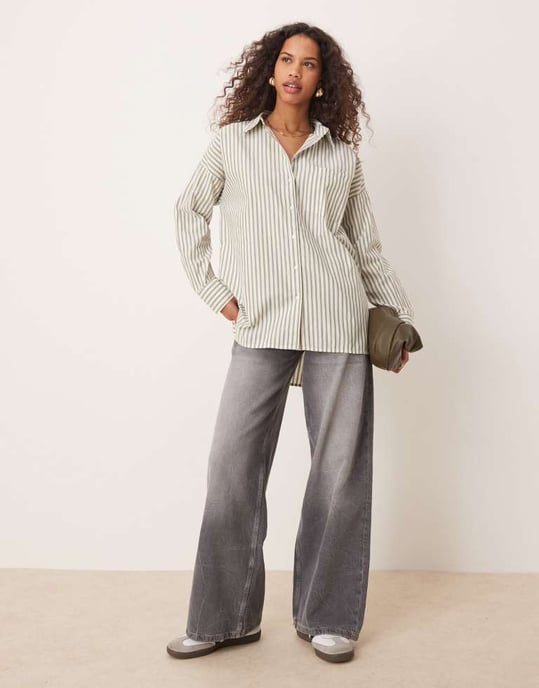 Vila oversized boyfriend fit shirt in oil green stripe - Image 2