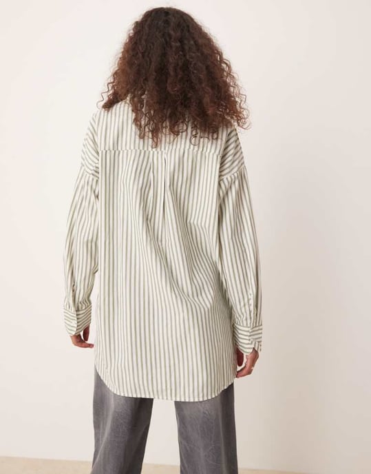 Vila oversized boyfriend fit shirt in oil green stripe - Image 3