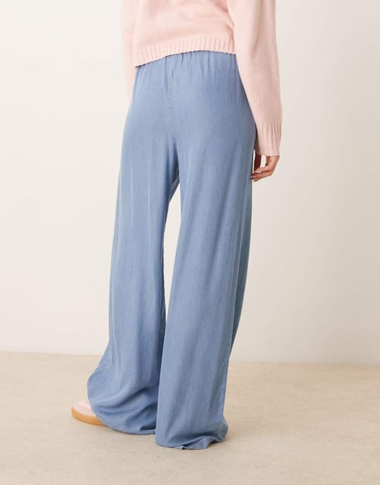 Vila elasticated waist wide leg chambray trousers in light blue denim - Image 3