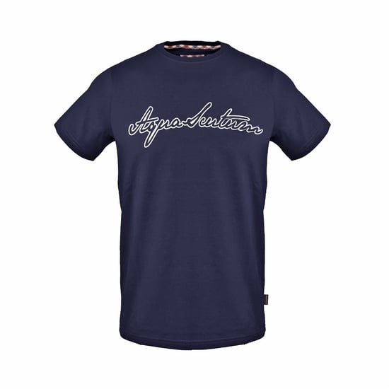 Men's Aquascutum Lacoste Lettering Crew Neck Short Sleeve T-Shirt in Navy - Image 1