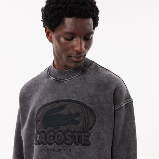Men's Lacoste Embroidered Crew Neck Drop Shoulder Sweatshirt in Black - Image 3