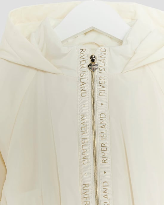 River Island Mini Girls Coat Cream Peplum Hooded Raincoat - Image 2