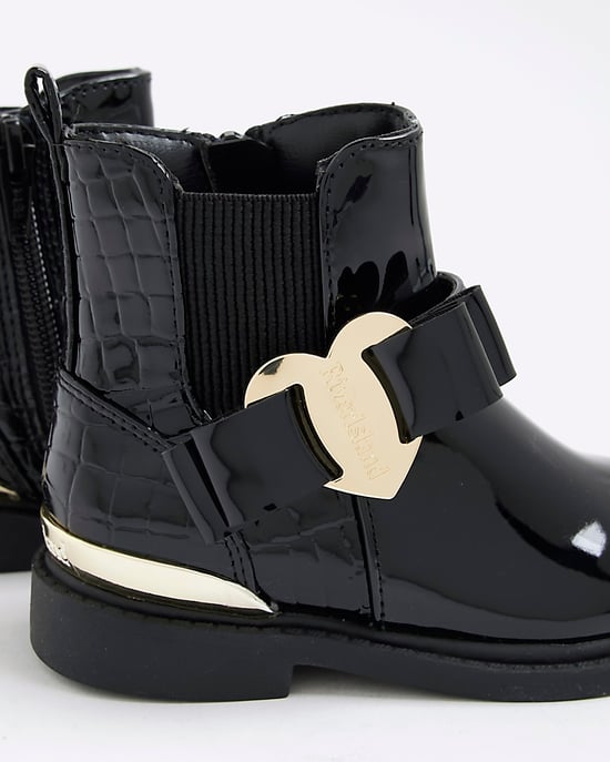 River Island Mini Girls Chelsea Boots Black Heart Bow - Image 4