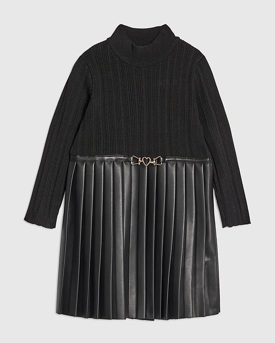 River Island Mini Girls Dress Black Faux Leather Pleated - Image 1