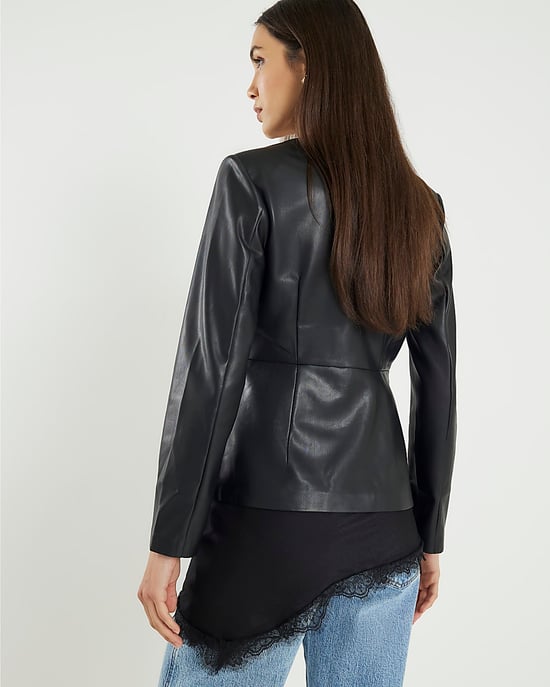 River Island Womens Top Black Faux Leather Fitted V-Neck - Image 3