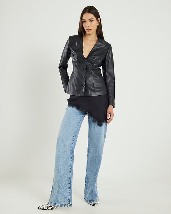 River Island Womens Top Black Faux Leather Fitted V-Neck - Image 4