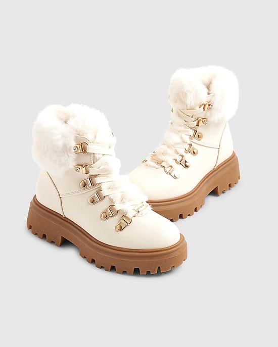 River Island Girls Hiker Boots Cream Lace Up Side Zip - Image 4