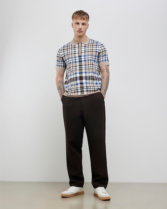 River Island Mens Polo Shirt Beige Slim Fit Check Quarter Zip - Image 4