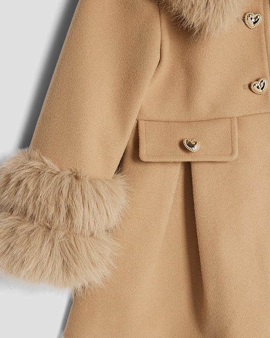 River Island Mini Girls Longline Coat Beige Hooded Padded - Image 3