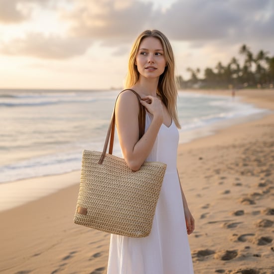 Womens Beach Bag - Large Straw Summer Tote with Zip Closure in Beige - Image 2