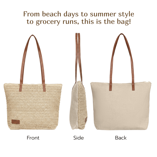 Womens Beach Bag - Large Straw Summer Tote with Zip Closure in Beige - Image 3