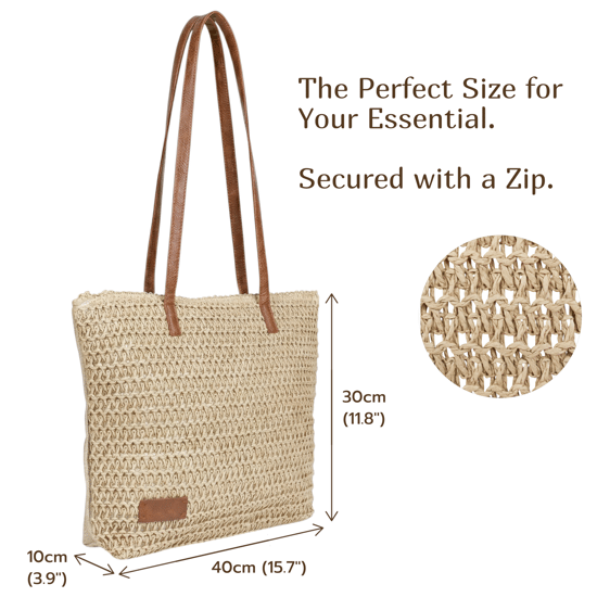 Womens Beach Bag - Large Straw Summer Tote with Zip Closure in Beige - Image 4