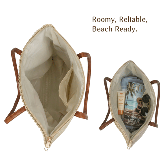 Womens Beach Bag - Large Straw Summer Tote with Zip Closure in Beige - Image 5