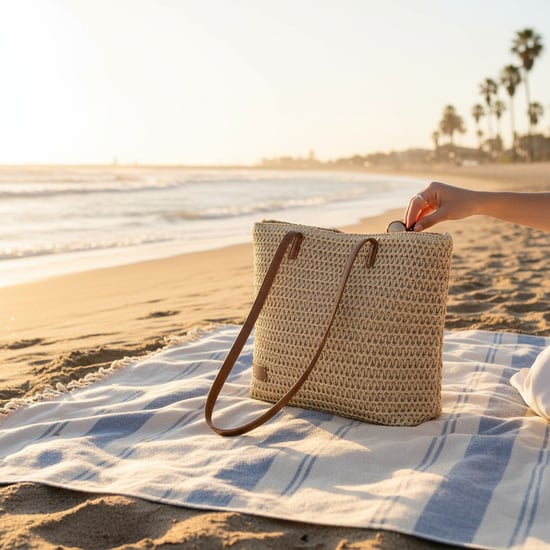 Womens Beach Bag - Large Straw Summer Tote with Zip Closure in Beige - Image 6