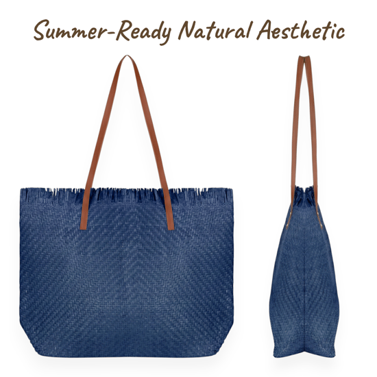 Large Woven Straw Beach Bag - Open-Top Summer Tote in Navy - Image 3
