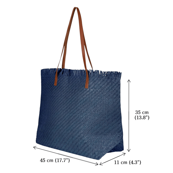 Large Woven Straw Beach Bag - Open-Top Summer Tote in Navy - Image 4