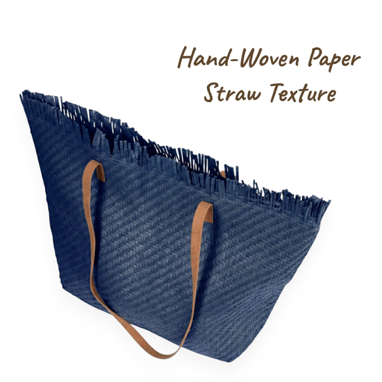 Large Woven Straw Beach Bag - Open-Top Summer Tote in Navy - Image 5