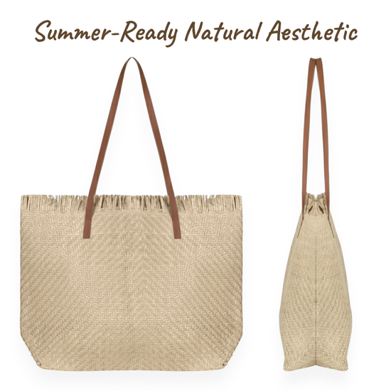 Large Woven Straw Beach Bag - Open-Top Summer Tote in Cream - Image 3