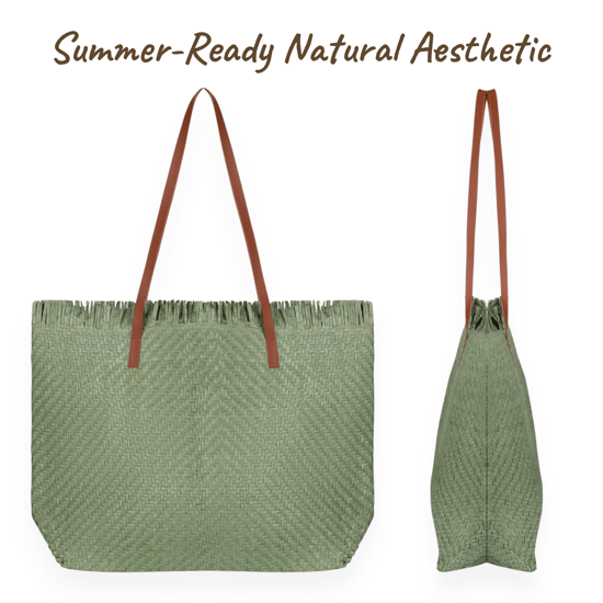 Large Woven Straw Beach Bag - Open-Top Summer Tote in Green - Image 3