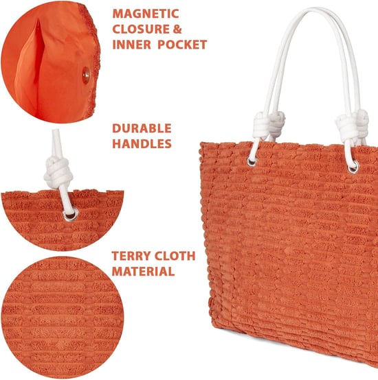 Womens Large Beach Bag, Waterproof Summer Tote - Magnetic Closure in Orange - Image 4
