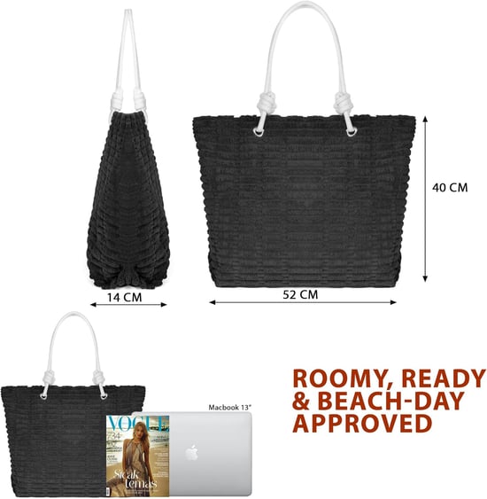 Womens Large Beach Bag, Waterproof Summer Tote - Magnetic Closure in Black - Image 3