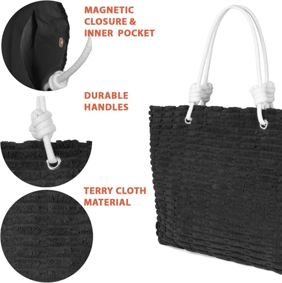 Womens Large Beach Bag, Waterproof Summer Tote - Magnetic Closure in Black - Image 4