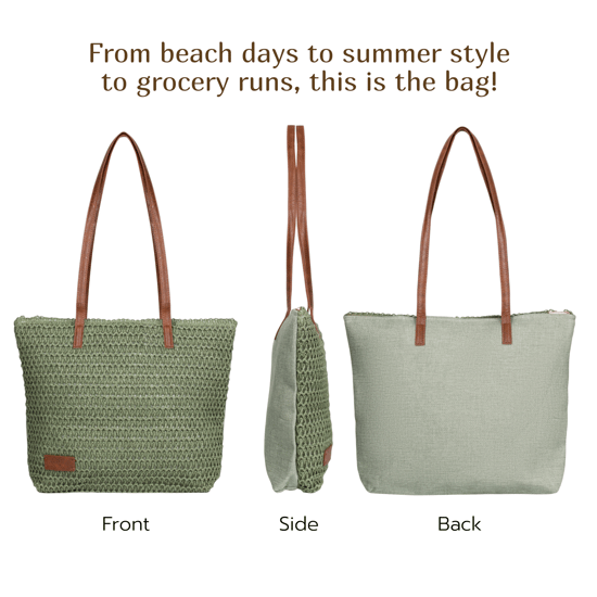 Womens Beach Bag - Large Straw Summer Tote with Zip Closure in Green