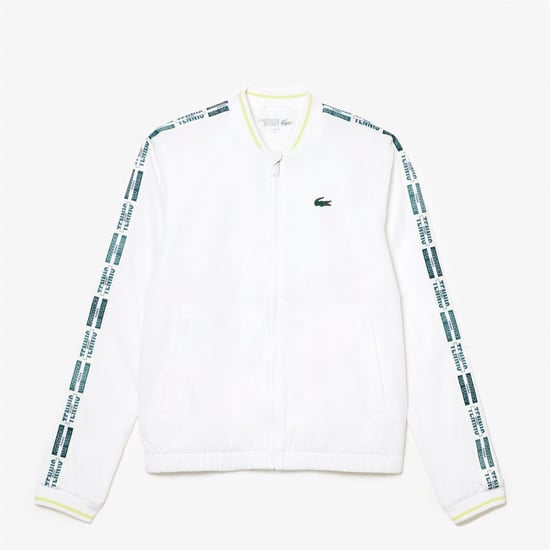 Women's Lacoste Crocodile Logo Lettering Crew Neck Bomber Collar Athletic Top in White - Image 1