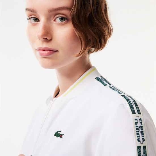 Women's Lacoste Crocodile Logo Lettering Crew Neck Bomber Collar Athletic Top in White - Image 3