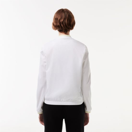 Women's Lacoste Crocodile Logo Lettering Crew Neck Bomber Collar Athletic Top in White - Image 4