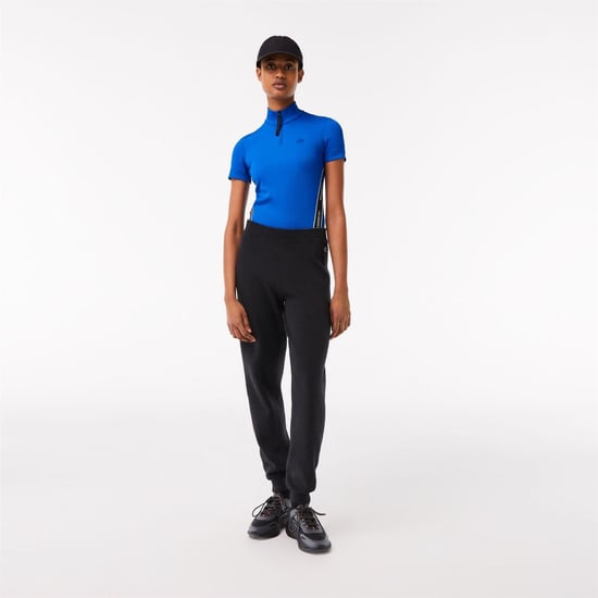 Women's Lacoste Ribbed Collar Zip Neck Short Sleeve Polo Shirt in Marina - Image 2