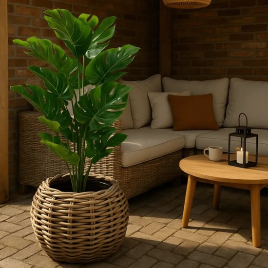 WDMT Bolvormige drypot rotan plantenmand – Ø 45 x 34 cm – waterdichte binnenpot – - Image 3