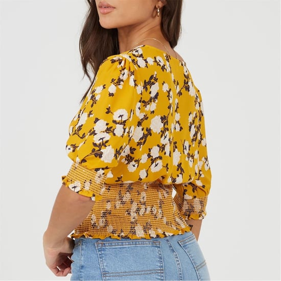 Women's Brave Soul V-Neck Three-Quarter Puff Sleeve Peasant Blouse in Yellow Floral - Image 2