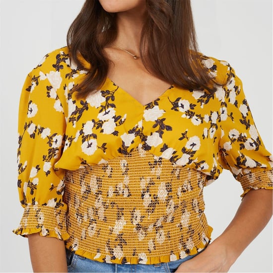 Women's Brave Soul V-Neck Three-Quarter Puff Sleeve Peasant Blouse in Yellow Floral - Image 3