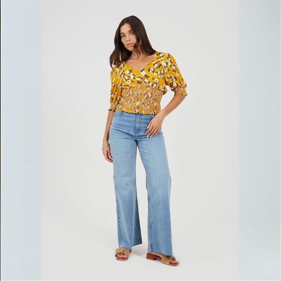 Women's Brave Soul V-Neck Three-Quarter Puff Sleeve Peasant Blouse in Yellow Floral - Image 4