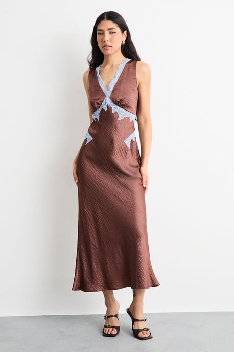 Lace Embroidered Insert Midi Bias Dress - Image 1