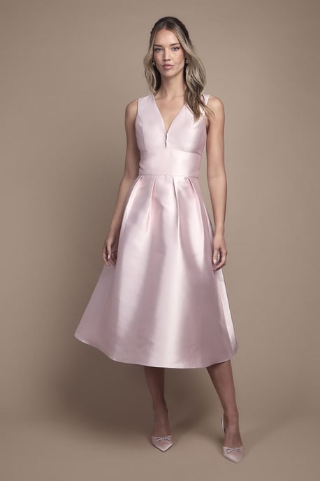 Plunge Neck Structured Twill Midi Bridesmaid Dress - Image 1