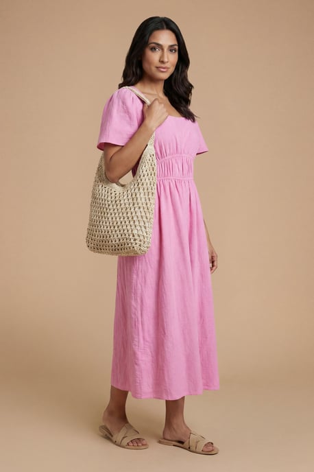 Angel Sleeve Elasticated Waist Dobby Cotton Midi Dress - Image 1