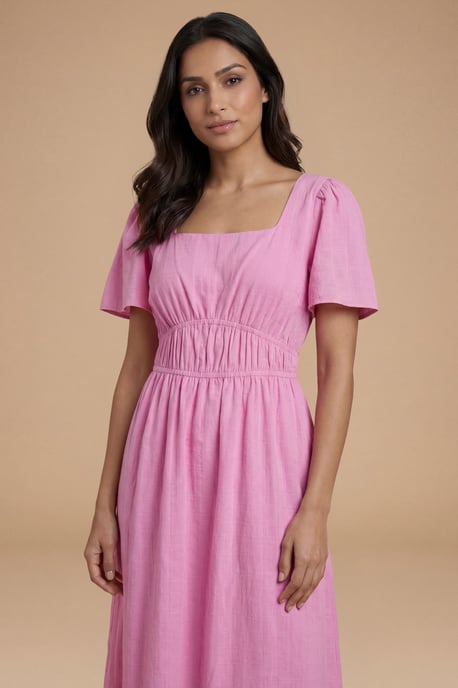 Angel Sleeve Elasticated Waist Dobby Cotton Midi Dress - Image 2