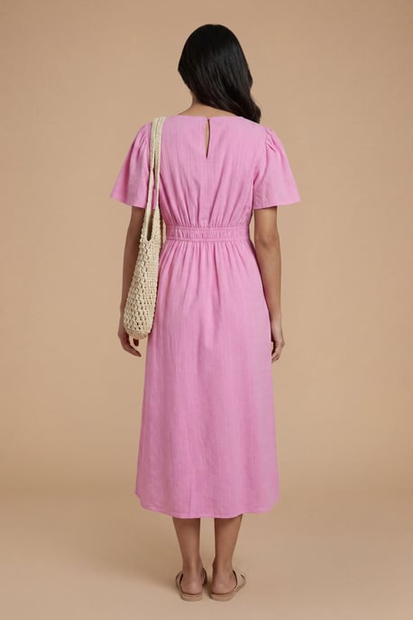Angel Sleeve Elasticated Waist Dobby Cotton Midi Dress - Image 3