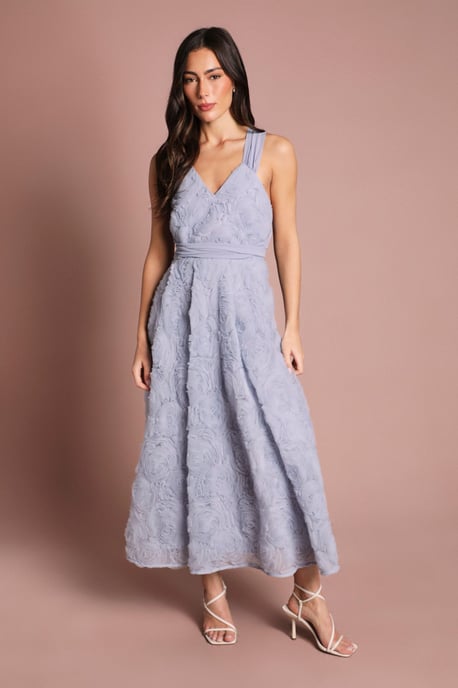 Embroidered Mesh Floral Textured Midi Dress - Image 1