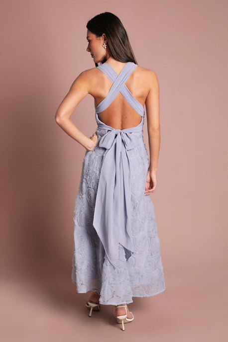 Embroidered Mesh Floral Textured Midi Dress - Image 3