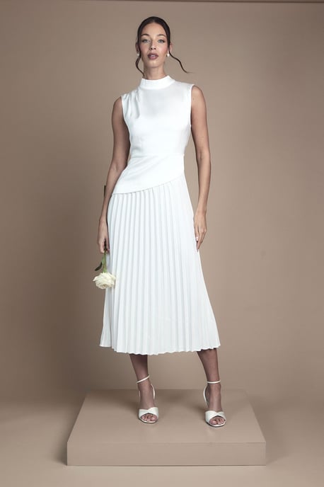 Drape High Neck Pleated Skirt Midi Wedding Dress - Image 1