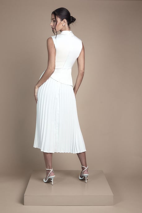 Drape High Neck Pleated Skirt Midi Wedding Dress - Image 3